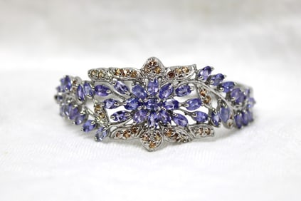 Solid sterling, tanzanite and pink sapphire bangle bracelet