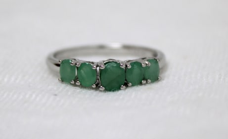 Natural emerald 5 stone ring in 14k white gold over sterling silver, size 8.5