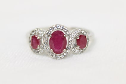 Natural ruby and white topaz 14k ring white gold ring over sterling silver, size 9