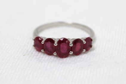 Natural ruby 5 stone ring in 14k white gold over sterling silver, size 9