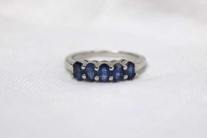 Natural sapphire 5 stone ring 14k white gold over sterling silver, size 7