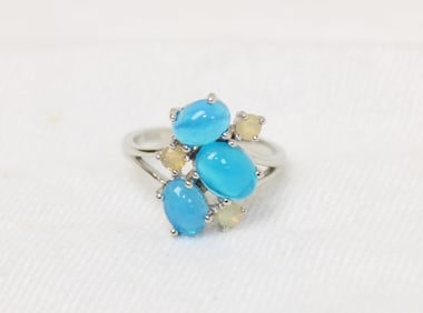 Blue opal and fire opal ring in 14k gold over sterling silver, size 7