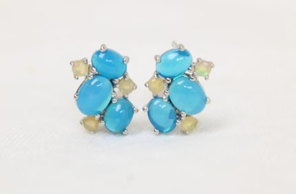 Blue opal and fire opal earrings in 14k gold over sterling silver
