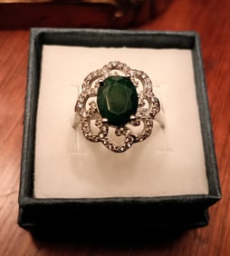 Zambian emerald and white sapphire ring in sterling silver, size 8