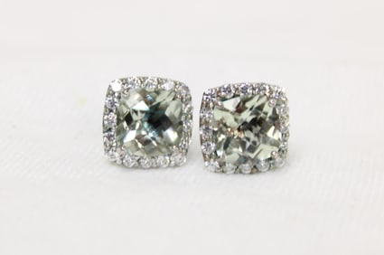 Green amethyst 17mm cushion cut stud earrings in sterling silver