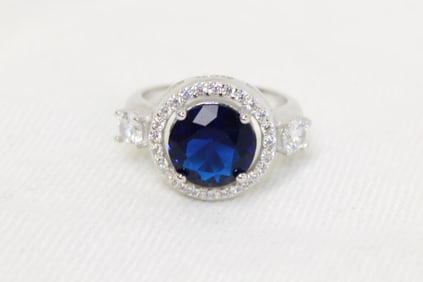 6 ctw. blue sapphire and white topaz round ring in sterling silver, size 7 3/8