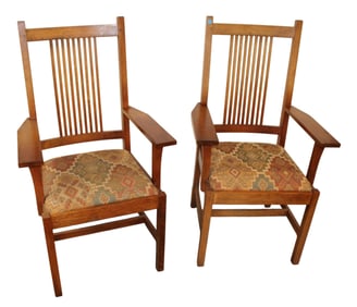 Nice Stickley pair mission oak arm chairs