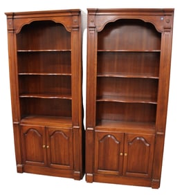 Pair open front bookcases with 2 door base cabinet