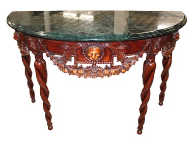 Ornate mahogany marble top demilune console