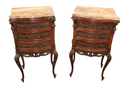 Pair antique highly carved marble top  nightstands