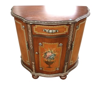 Paint decorated and cherry finish console cabinet