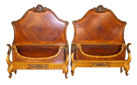 Pair ornate antique French twin beds