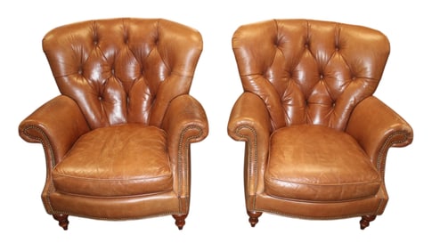 Pair Century leather wing back chairs
