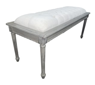 Sonder French style button tuft window bench in a grey distressed paint, matches lot 141a