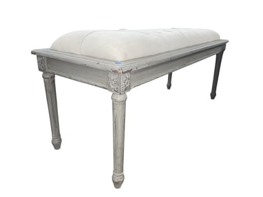 Sonder French style button tuft window bench in a grey distressed paint, matches lot 141