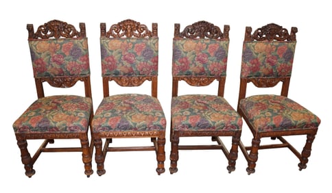 Set 4 antique lion head needlepoint side chairs