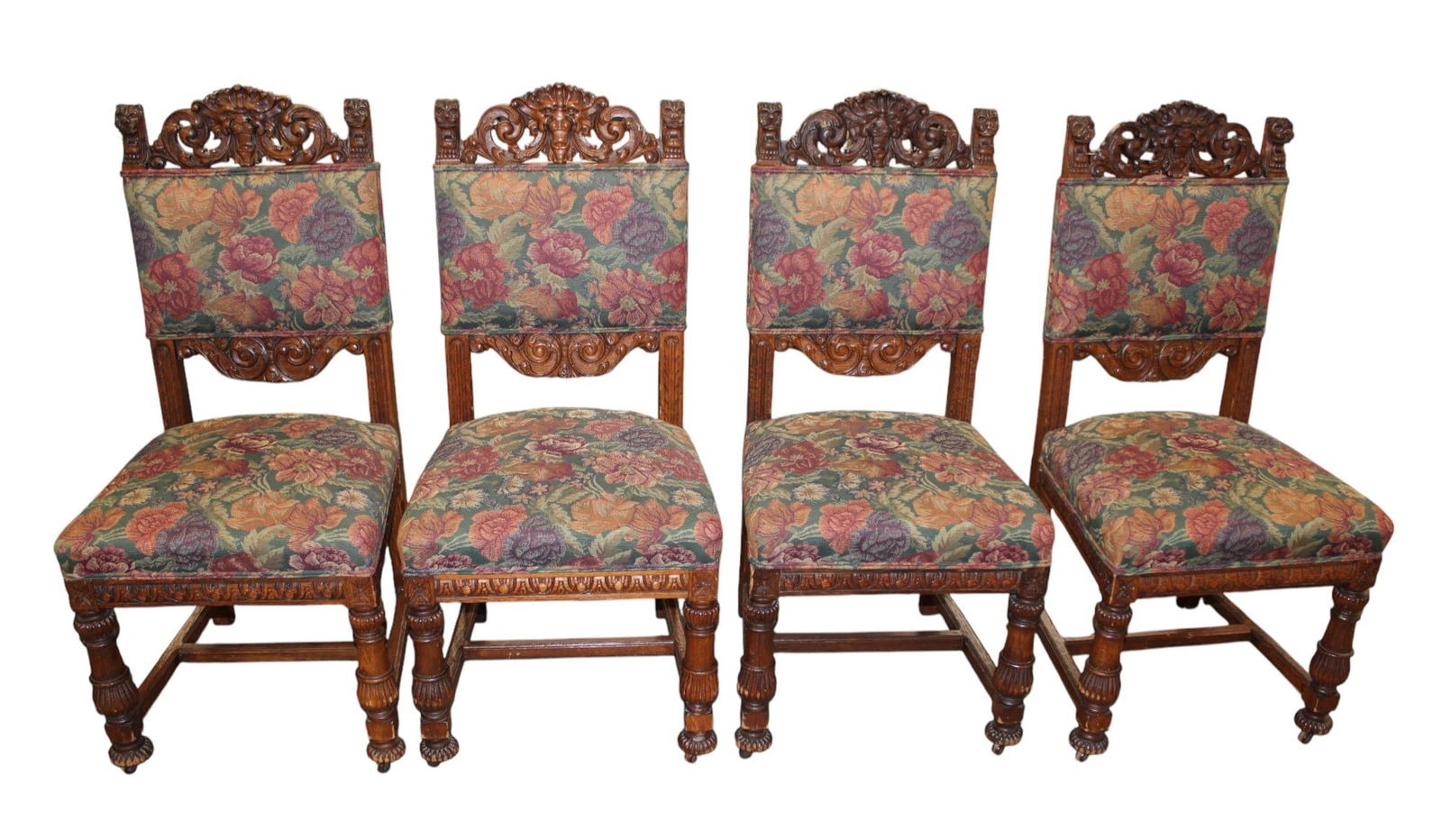 Set 4 antique lion head needlepoint side chairs (1 of 6)