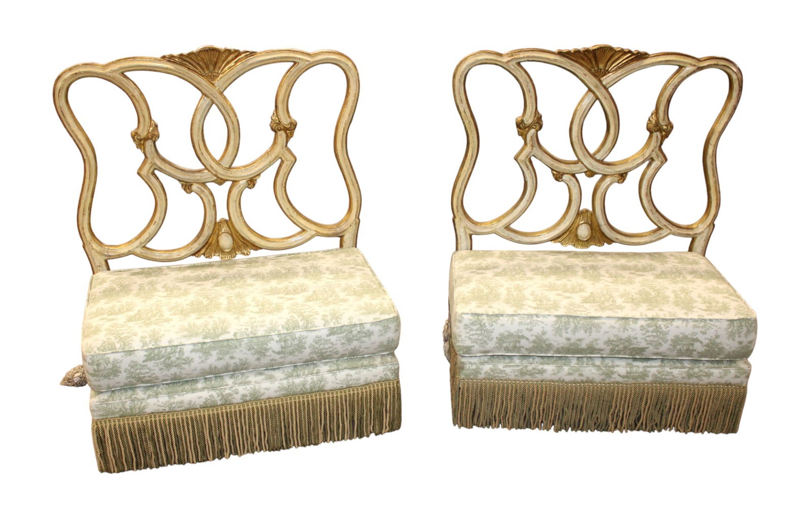 Antique pair Italian settees with tassels & fringe: Antique Italian pair of upholstered and original paint frame settees, with tassels and fringe, structurally sound does show age patina. Upholstery is good. 45.5"h x 38"w x 22"d with seat height of 18"