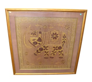 Vintage framed Indian elephant jeweled cloth artwork