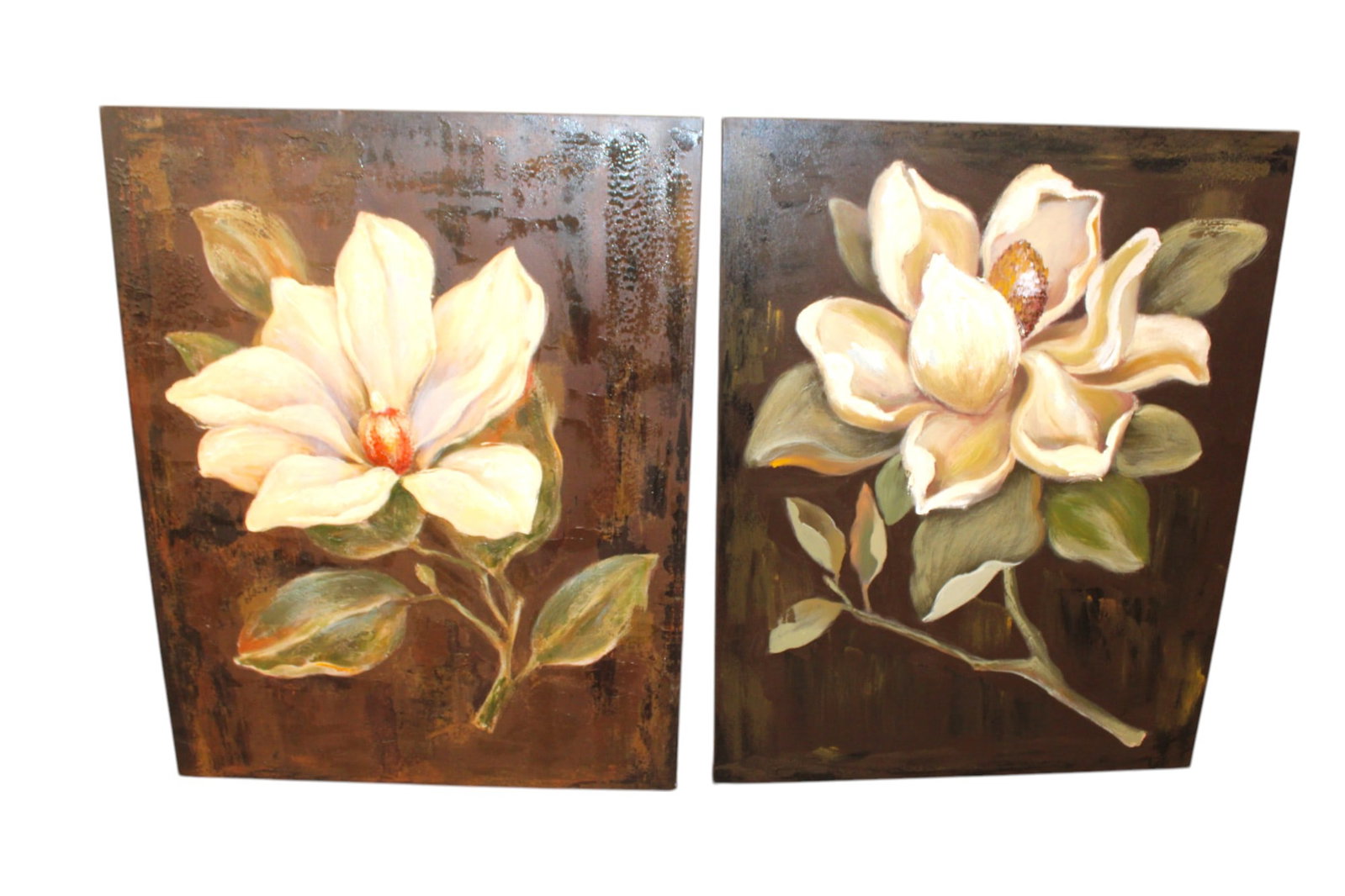 Contemporary pair of still life flower artworks on canvas: Pair of still life flower artworks, unframed, on canvas, contemporary. Each 35"h x 28"w