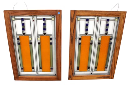 Pair Frank Lloyd Wright style lead glass windows in oak frames