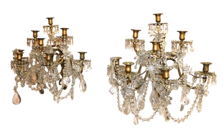 Fantastic pair antique bronze and prism 8 burner candelabras