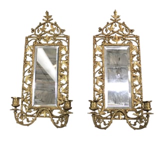 Pair nice antique bronze beveled mirror candelabra sconces