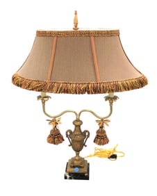 Bronze on marble double burner urn lamp, Frederick Cooper shades and dragon fly tassels
