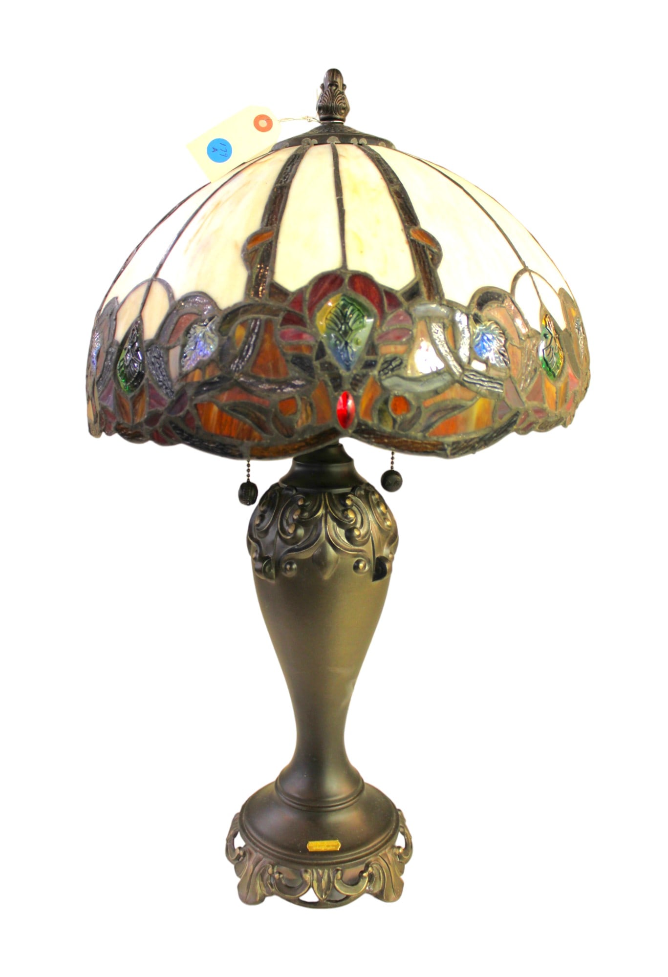 Dale Tiffany lead glass jeweled table lamp Antique Road Show Collection: Dale Tiffany lead glass jeweled table lamp Antique Road Show Collection with bronze style base. Structural sound good condition, no issues seen. 26"h and shade is 16" diameter