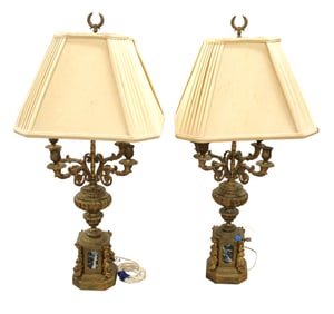 Pair semi antique bronze french 5 burner candelabra lamps