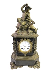 Awesome antique French marble and bronze mounted figural clock tagged Fosse's Mudesse Brevete