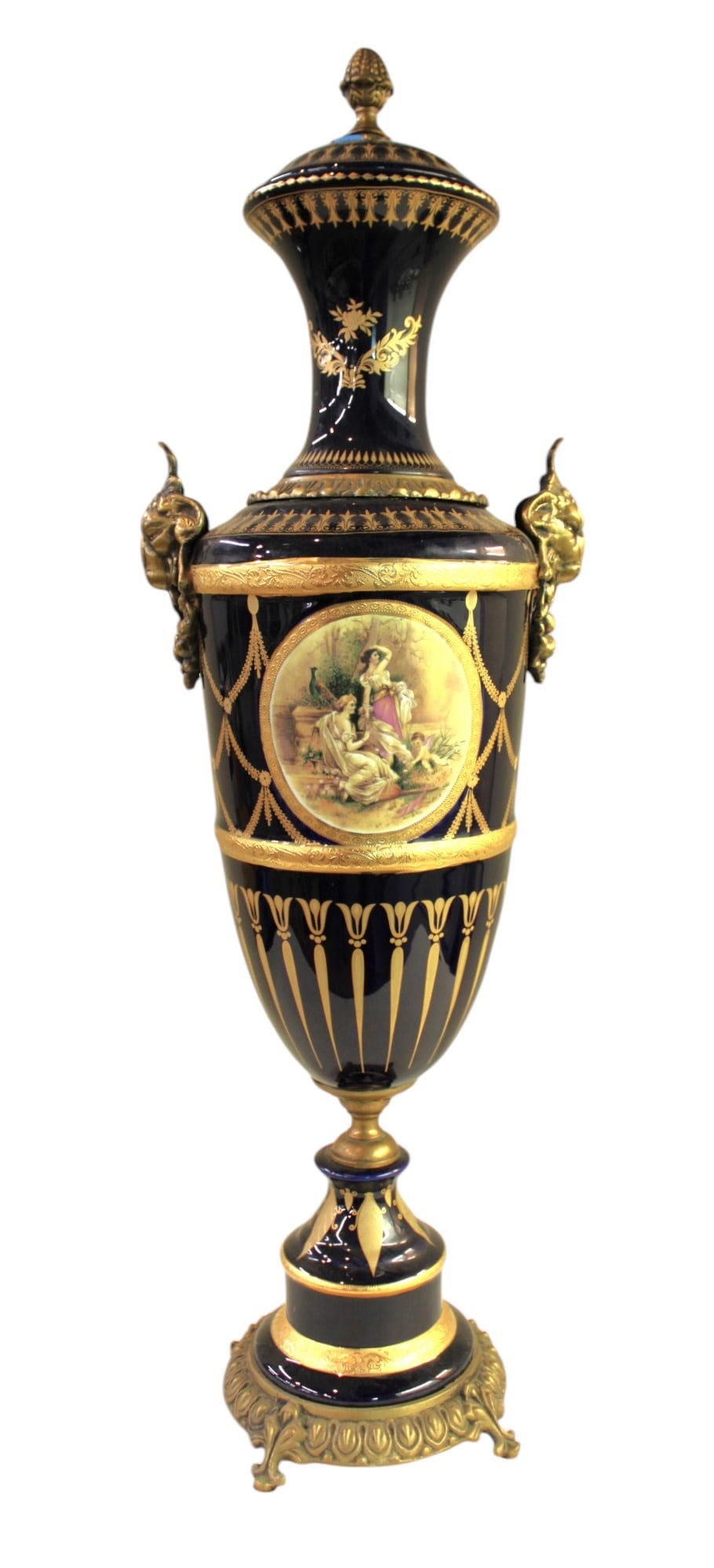 Beautiful french style porcelain urn with applied bronze: Beautiful french style porcelain urn with applied bronze, hand painted and transfers, structurally sound no noticeable issues. 35"h x 9" diameter