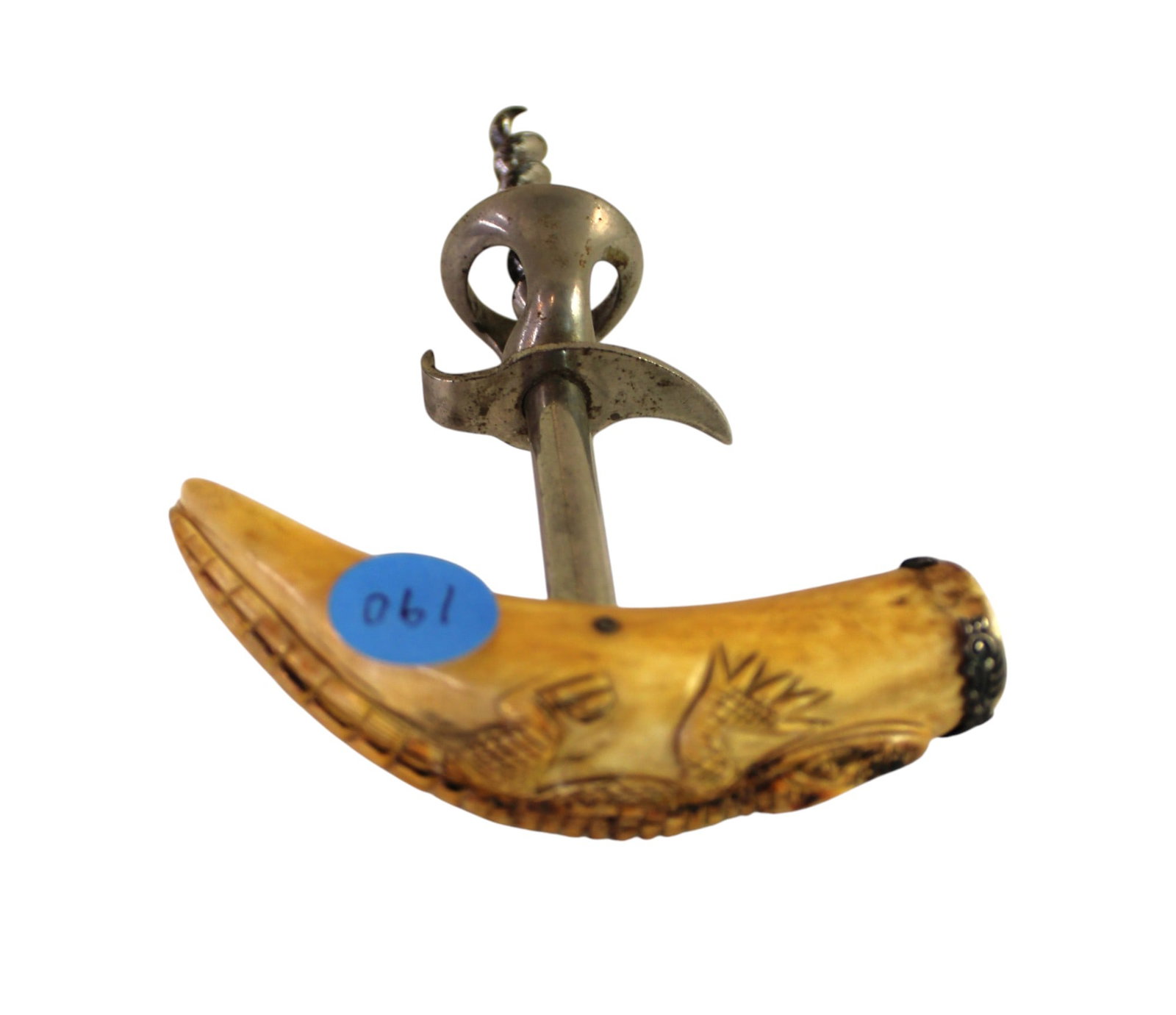 Antique bone carved cork screw with carved alligator: Antique bone carved cork screw with carved alligator. Approx. 6"h x 4"w