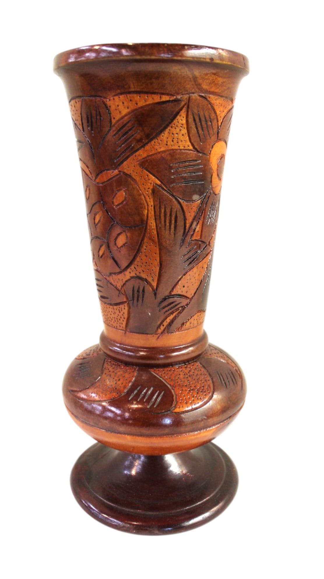 Asian hand carved wooden vase. 12"h x 5" diameter: Asian hand carved wooden vase. 12"h x 5" diameter