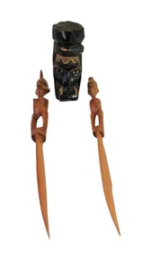3 Asian carved items: knives and totem pole