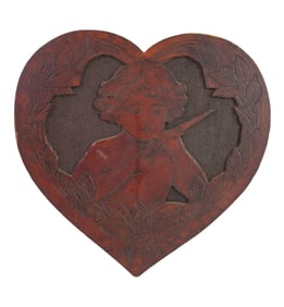 Antique Flemishart heart shaped cupid in the mahogany