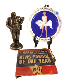 Marlyn Monroe 7 year itch plate, 1947 16mm film and Winston Churchill figure