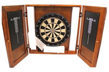 Mahogany case 2 door dart board in cabinet - like new