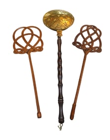 2 victorian style rug beaters and victorian brass bed warmer pan - 3pc lot