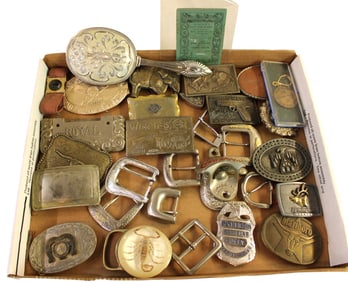 Assortment of vintage belt buckles, coca cola bottle opener and other.