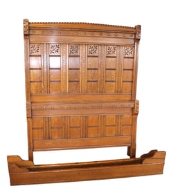 Antique spoon carved oak full size high back bed