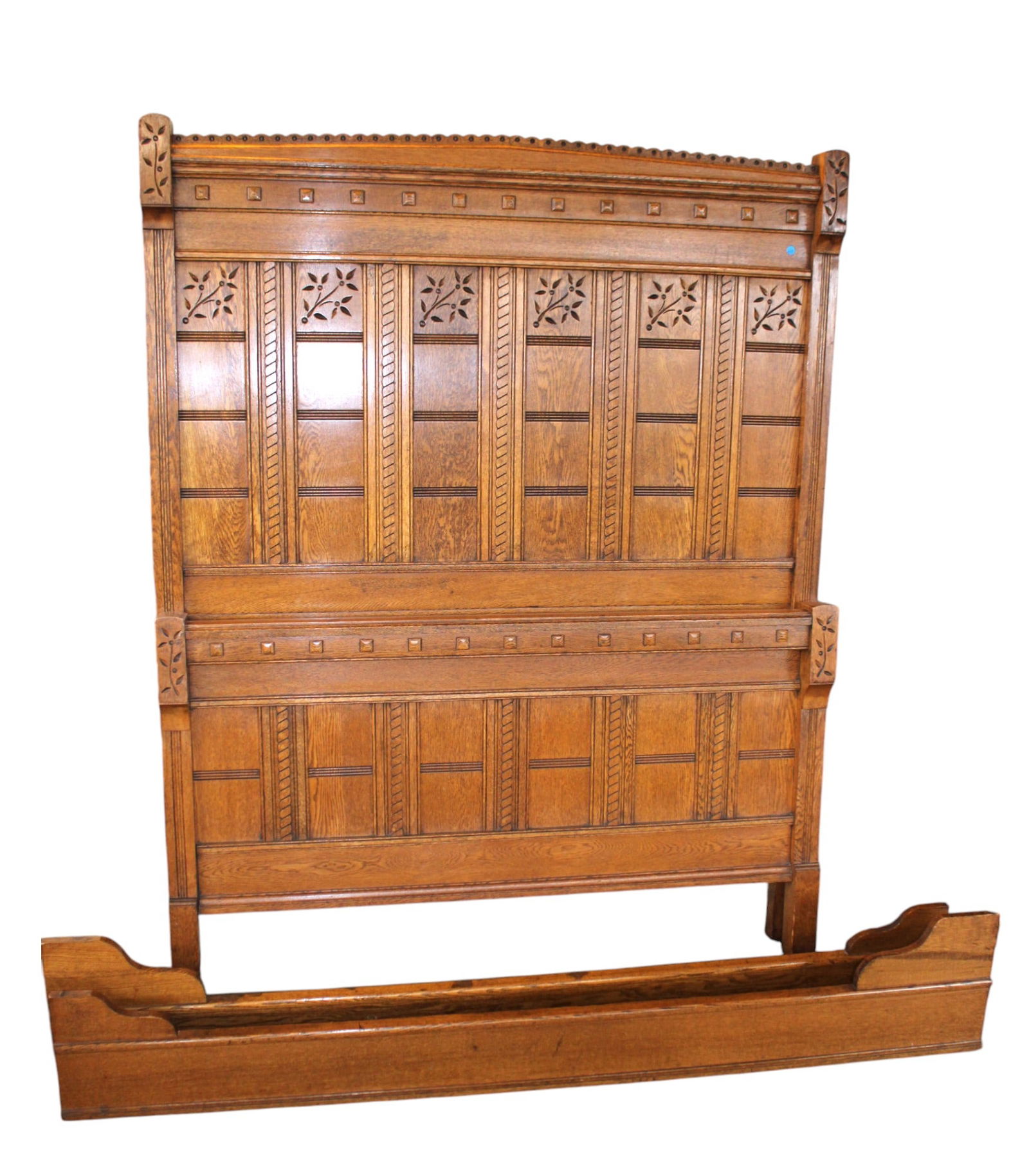 Antique spoon carved oak full size high back bed (1 of 4)