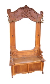 Antique oak mirrored back hall rack with top storage seat