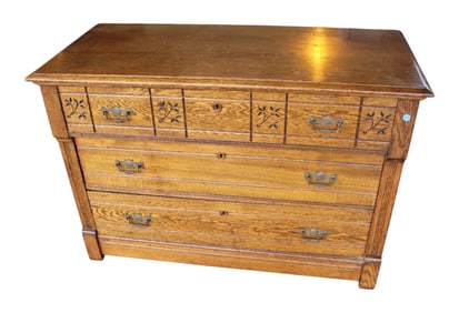 Antique victorian spoon carved oak low chest dresser, loop and pin construction