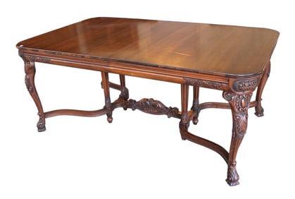 Antique mahogany dining table with fancy 8 leg stretcher base