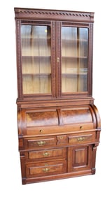 Antique walnut victorian 2 piece cylinder roll secretary desk