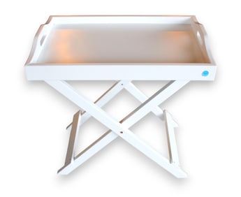 Contemporary white painted serving tray on X-frame stand