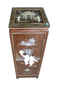 Nice Asian pedestal cabinet with raised geisha girl decorations