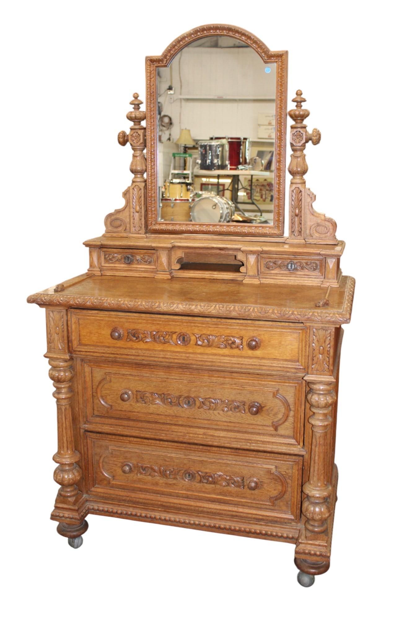 Antique oak carved dresser with mirror highly carved and ornate columns (1 of 11)