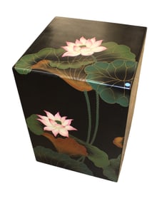 Asian inspired cubical pedestal table in the black lacquer